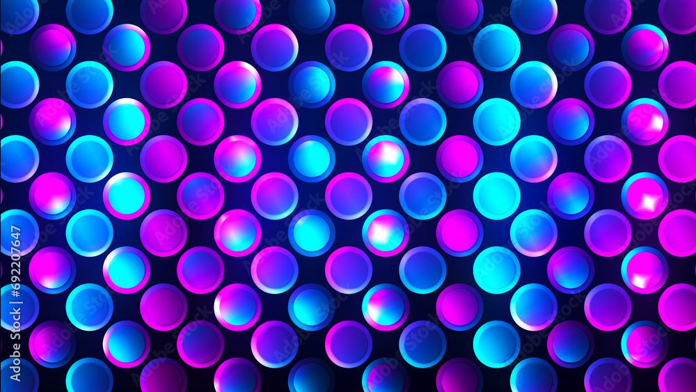 Poster rainbow illusion of neon circles in rows in a dark space, abstract futuristic background in motion s