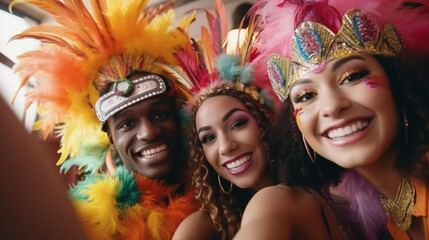 Obraz premium copy space, Multiracial friends in carnival costumes have fun while taking selfie and celebrating Mardi Gras at home. Perfect for carnival, Mardi Gras, party, celebration, and theme-related concepts. 