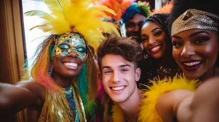Photo sur Plexiglas Carnaval copy space, Multiracial friends in carnival costumes have fun while taking selfie and celebrating Mardi Gras at home. Perfect for carnival, Mardi Gras, party, celebration, and theme-related concepts. 
