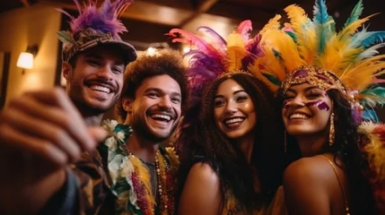 Photo sur Plexiglas Carnaval copy space, Multiracial friends in carnival costumes have fun while taking selfie and celebrating Mardi Gras at home. Perfect for carnival, Mardi Gras, party, celebration, and theme-related concepts. 