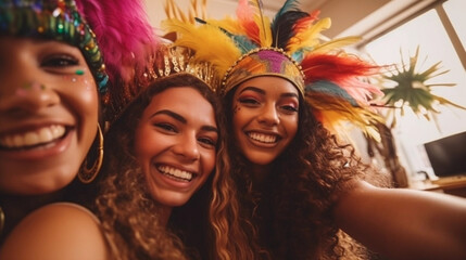 copy space, Multiracial friends in carnival costumes have fun while taking selfie and celebrating Mardi Gras at home. Perfect for carnival, Mardi Gras, party, celebration, and theme-related concepts.  - obrazy, fototapety, plakaty