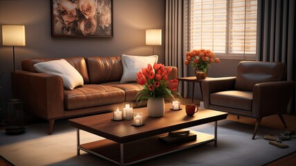 a small living room with a leather sofa, featuring flowers in a vase and a diffuser on a coffee table, highlighting the simplicity and elegance of the interior.