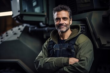 Portrait of confident mature military man standing with arms crossed in front of military vehicle - Powered by Adobe