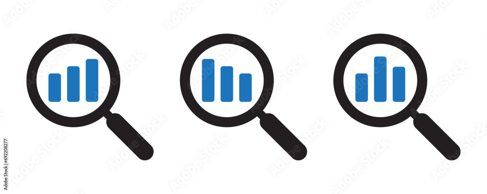 Poster set of analytic icon. finance monitoring. analysis and statistics data sign. magnifying glass with b