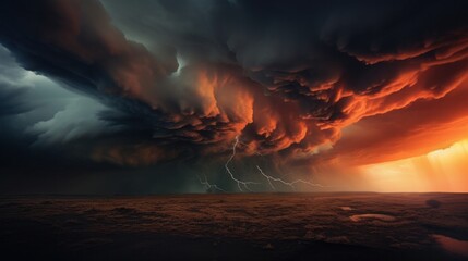 A storm clouds are seen over a field with lightning, AI - obrazy, fototapety, plakaty