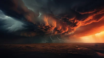 Selbstklebende Fototapeten A storm clouds are seen over a field with lightning, AI © starush