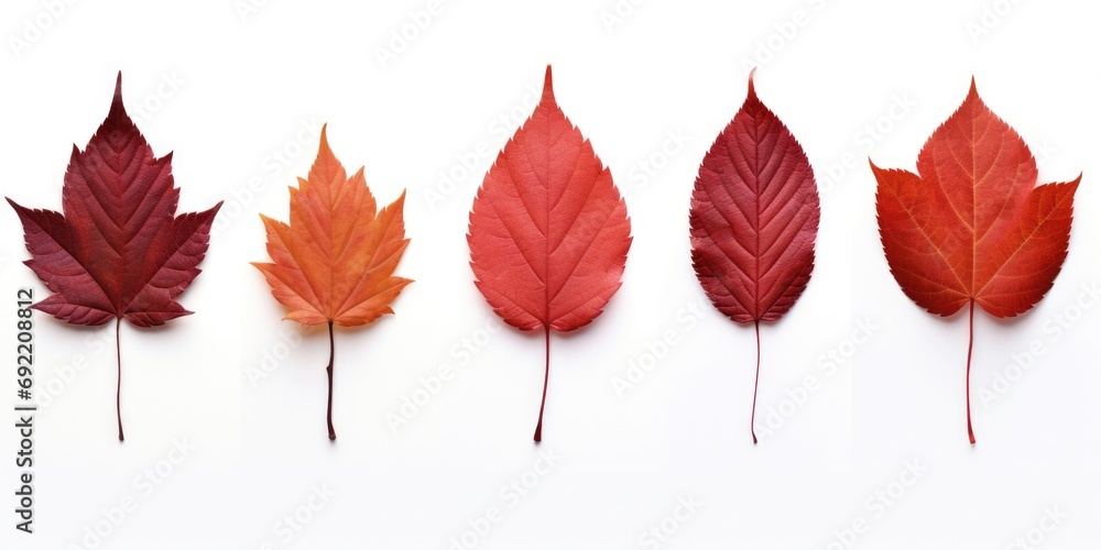 Poster a row of different colored leaves on a white surface. perfect for autumn-themed designs and nature-i