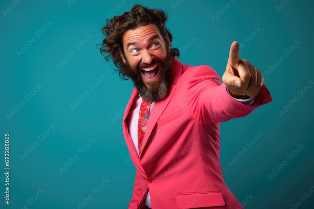 Poster a man wearing a pink suit is pulling a funny face. this image can be used to add humor and lighthear