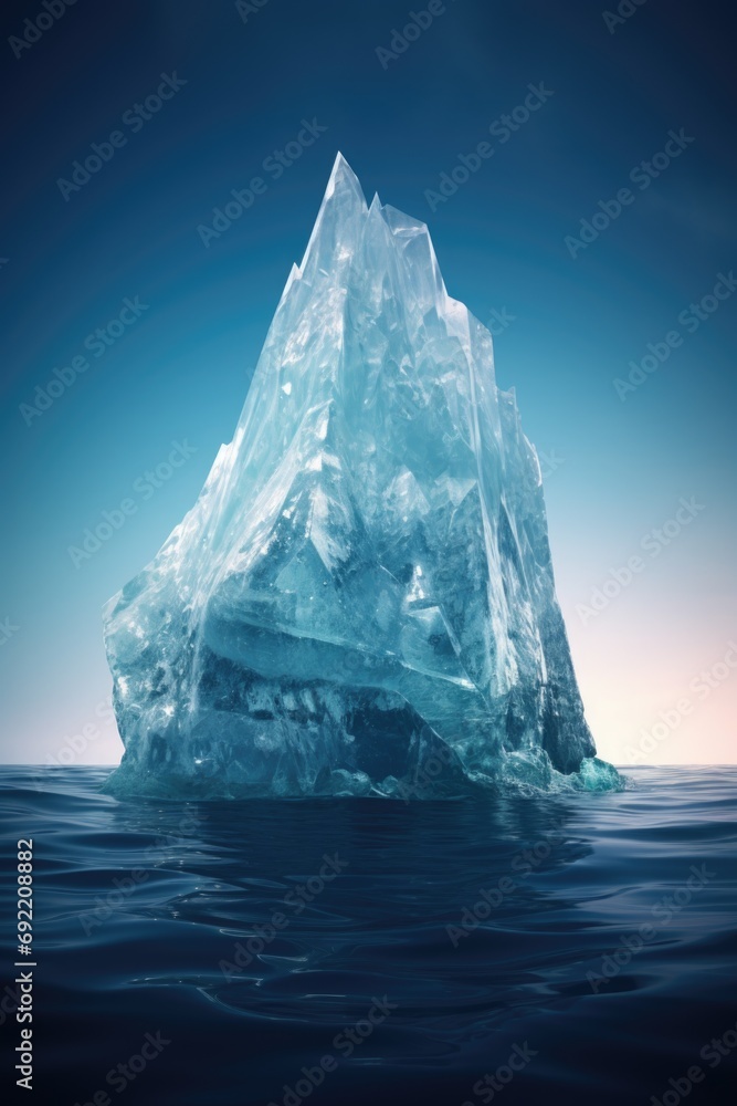 Poster an iceberg peacefully floating in the vast ocean. suitable for nature and climate change concepts
