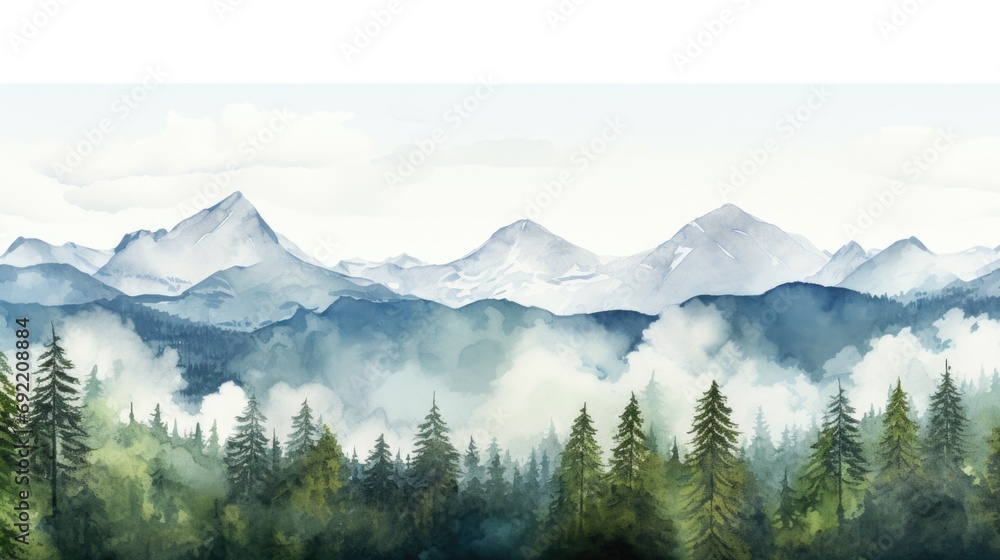 Poster a painting depicting a beautiful mountain range with trees in the foreground. this picture can be us
