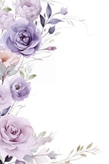Sophisticated wedding invitation bordered with watercolor English garden roses in pastel lavender and white tones with copy space