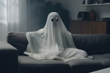 A ghost sitting on a couch in a living room. Suitable for Halloween-themed designs or spooky concepts - obrazy, fototapety, plakaty