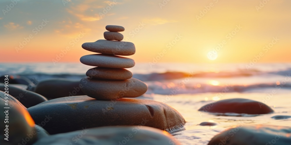 Poster a stack of rocks sitting on top of a beautiful beach. perfect for nature and relaxation concepts