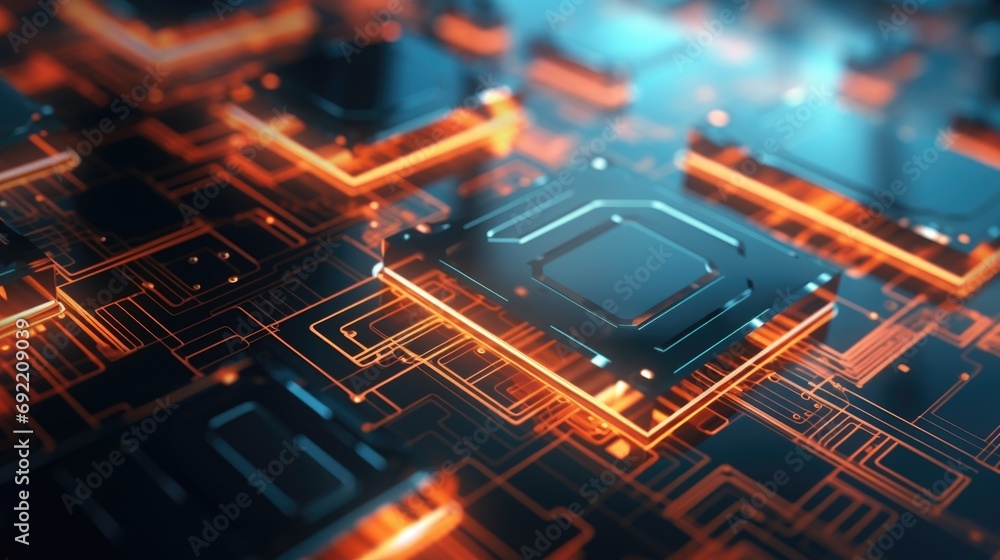 Fototapete A close up view of a computer chip on a circuit board. Suitable for technology and electronics concepts