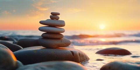 A stack of rocks sitting on top of a beautiful beach. Perfect for nature and relaxation concepts - Powered by Adobe