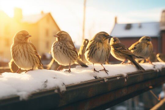 A group of birds sitting on top of a snow covered roof. This image can be used to depict winter scenes or wildlife in snowy environments