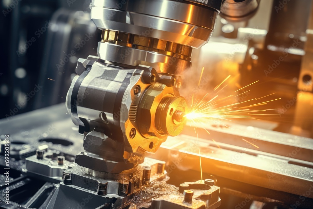 Poster a close-up view of a machine emitting sparks. can be used to depict industrial processes or dangerou