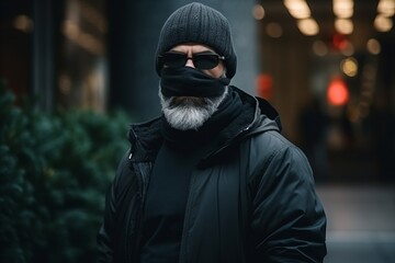 Portrait of a bearded man in a black jacket and sunglasses on a city street