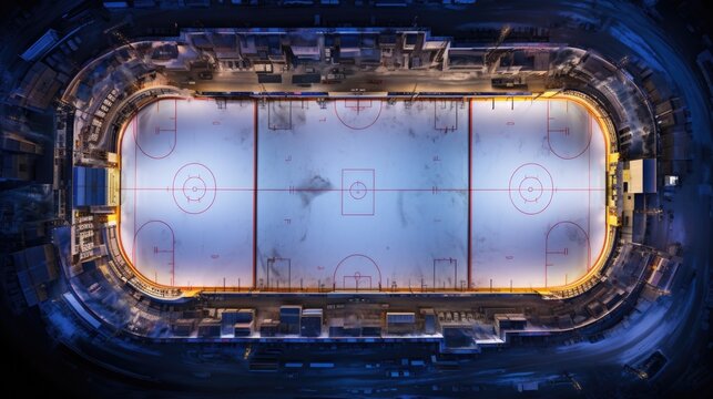 A stunning aerial view of a hockey rink at night. Perfect for sports enthusiasts and those looking for dynamic and captivating images for various projects