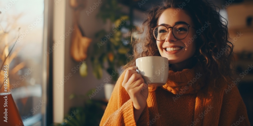 Poster a woman is seen holding a cup of coffee in front of a window. this image can be used to depict a coz
