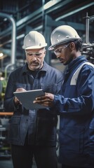 Engineer and worker use tablet - obrazy, fototapety, plakaty