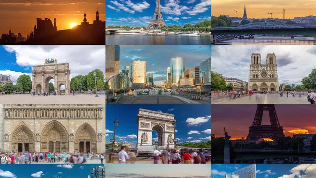 Multi Screen Collage of Paris timelapse hyperlapse, France. Collection of footage with the most famous parisian landmarks: Eiffel tower, Triumphal Arch, Notre Dame, defense skyscrapers panning up