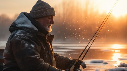 A man is seen fishing on a frozen lake. This image can be used to depict winter activities or outdoor hobbies