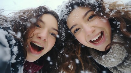 Two women enjoying a lighthearted moment as they laugh together in the snowy outdoors. Perfect for capturing the joy and friendship shared during winter activities