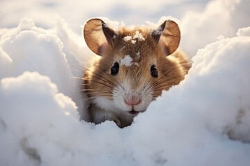 A cute hamster in brown and white fur poking its head out of the snow. Perfect for winter-themed designs or animal lover projects