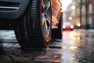A detailed view of a car tire on a wet street. Ideal for automotive-related projects and articles about road safety - obrazy, fototapety, plakaty