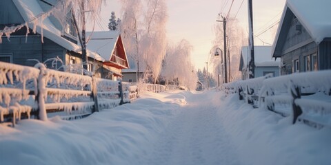 A snow-covered street in front of a house. Perfect for winter scenes and holiday-themed projects