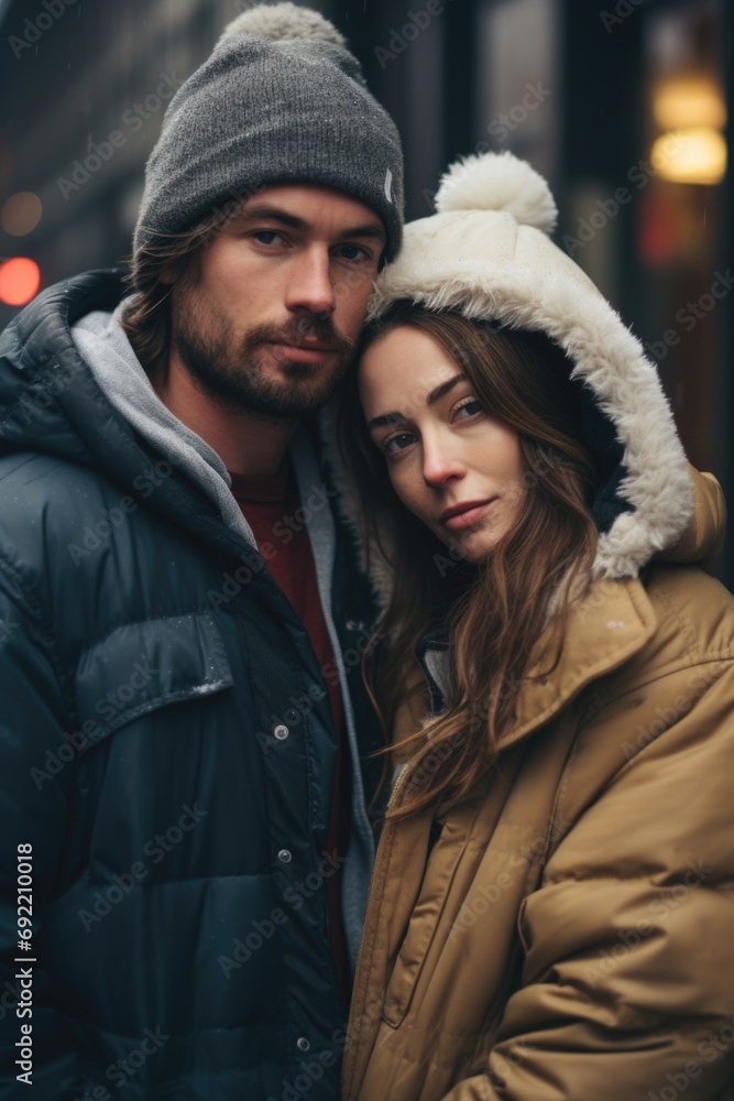 Poster a picture of a man and a woman standing side by side. suitable for various uses