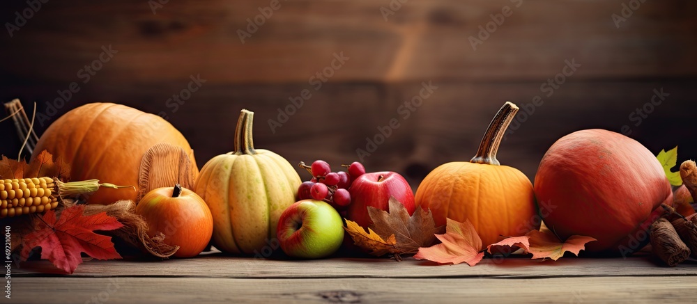 Poster autumn nature concept fall pumpkins and apples on wooden rustic table thanksgiving dinner. copy spac