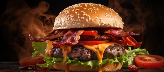 bacon cheese burger with beef patty tomato onion. Copy space image. Place for adding text or design