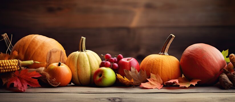 Autumn nature concept Fall pumpkins and apples on wooden rustic table Thanksgiving dinner. Copy space image. Place for adding text or design