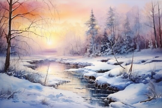 A painting depicting a serene river flowing through a snowy forest. Perfect for winter-themed projects or nature-inspired designs