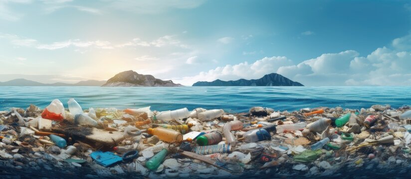Ban plastic pollution on sea Infographics Period breaking plastic in water. Copy space image. Place for adding text or design