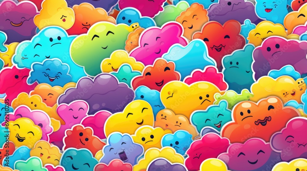 Poster A captivating image featuring a variety of vibrant clouds, each adorned with unique and expressive faces. Perfect for adding a touch of whimsy and wonder to any creative project