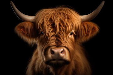 Close-up shot of a cow's face on a black background. Perfect for farm-related projects or animal-themed designs
