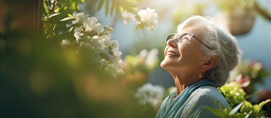 Attractive elderly woman sitting in the city among the greenery and smiling at the camera Caucasian lady enjoys free time and retirement. Copy space image. Place for adding text or design
