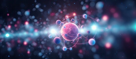 Atom surrounded by electrons Conceptual picture of atom. Copy space image. Place for adding text or...