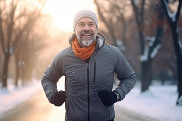 A man running in the snow in a park. Suitable for winter sports and outdoor activities