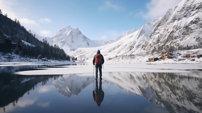 A person standing on a frozen lake with majestic mountains in the background. This image can be used to depict winter landscapes and outdoor activities in cold climates