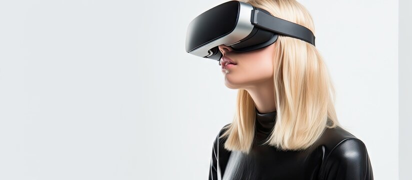 attractive blonde young woman wearing virtual reality headset and immersed into her experience over white background. Copy space image. Place for adding text or design