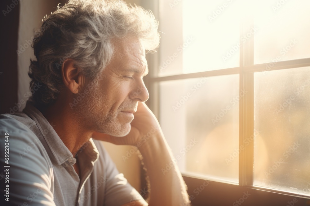 Aufkleber a man is seen looking out a window at the bright sun. this image can be used to depict concepts such