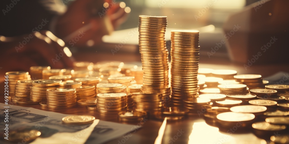 Poster a pile of coins sitting on top of a table. suitable for financial concepts and savings themes