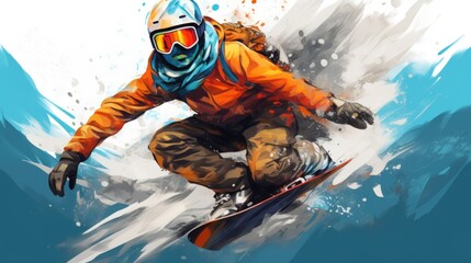 A man riding a snowboard down a snow-covered slope. Perfect for winter sports and adventure themes
