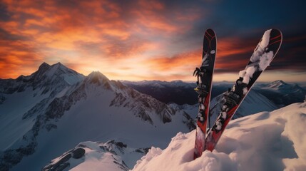 Skis resting on top of a beautiful snow-covered mountain. Perfect for winter sports enthusiasts and travel websites