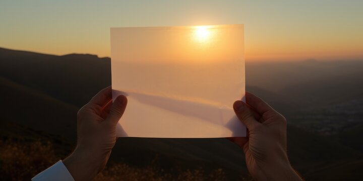 A person holds up a piece of paper against a backdrop of the sun. This image can be used to represent communication, information sharing, or announcing something important