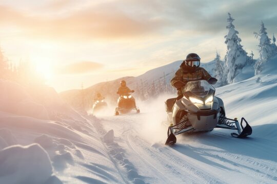 A thrilling image capturing a group of people riding snowmobiles down a snow covered slope. Perfect for winter adventure or extreme sports themes
